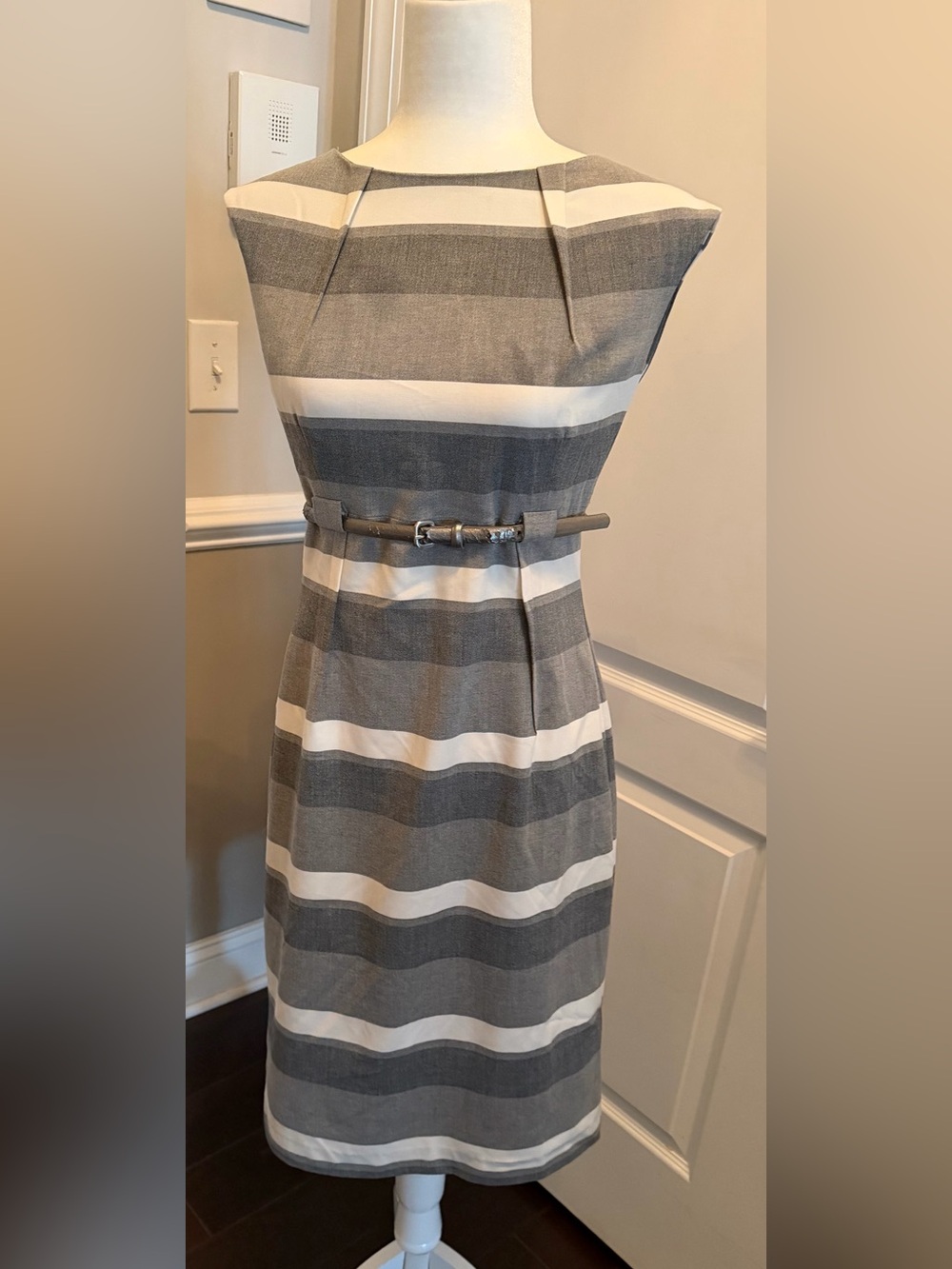 Calvin Klein Gray & White Striped Belted Midi Sheath Dress